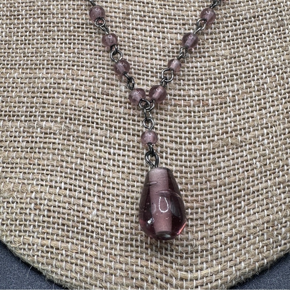 Purple Glass Teardrop Beaded Vintage Chain Pendant Necklace